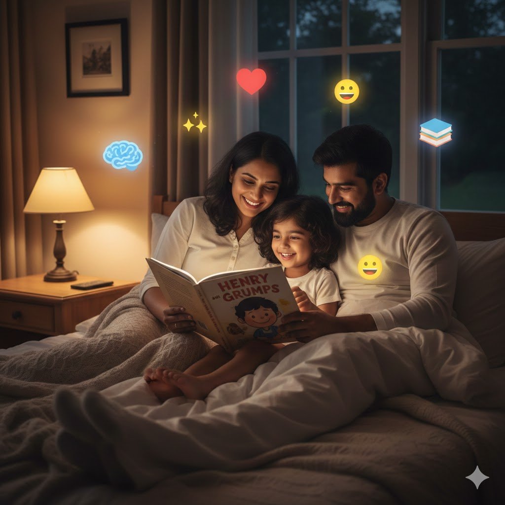 Indian parent reading Henry and Grumps storybook to child for learning and imagination